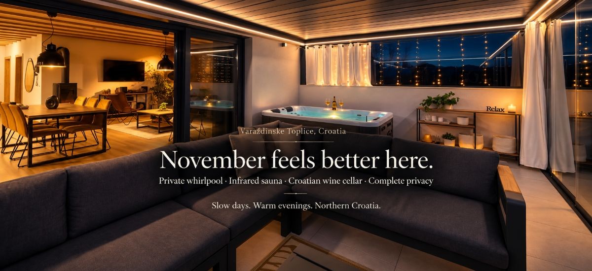 Luxury November retreat at Family & Wine House KANIZSAY in Varaždinske Toplice, Croatia, featuring a private whirlpool, covered terrace, warm interior lighting and a cosy evening atmosphere.