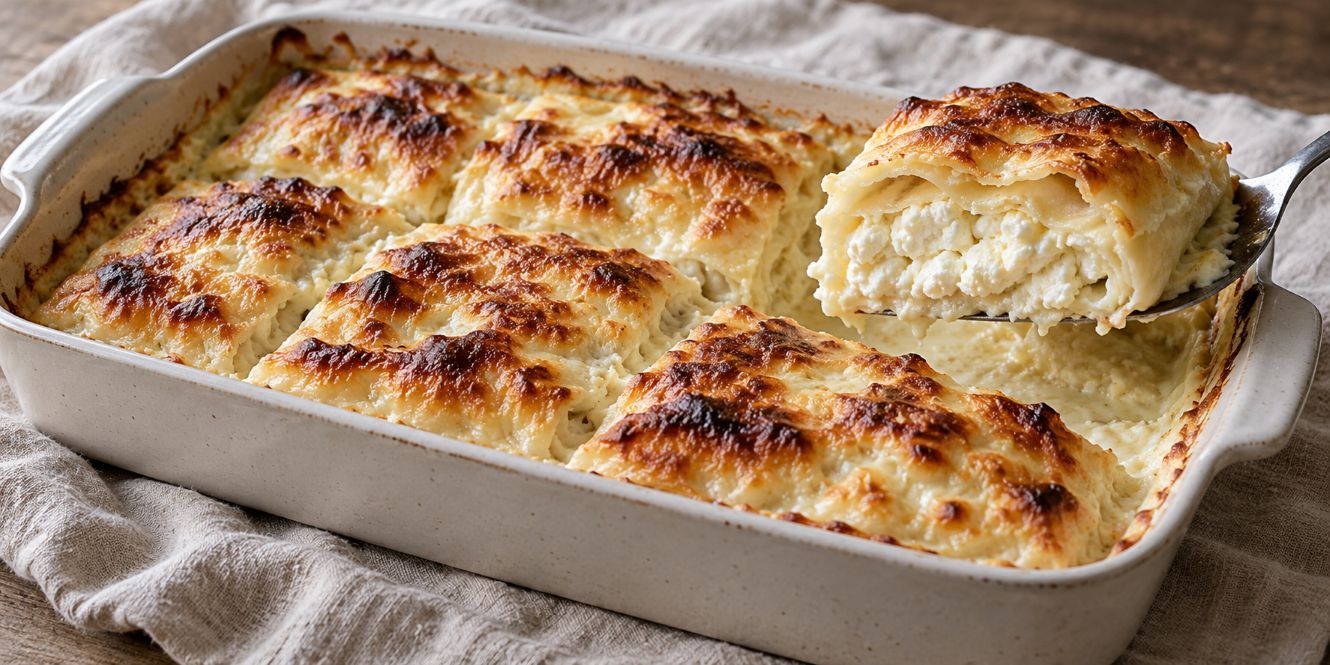 Baked Zagorje štrukli with a golden cream topping and fresh cheese filling.