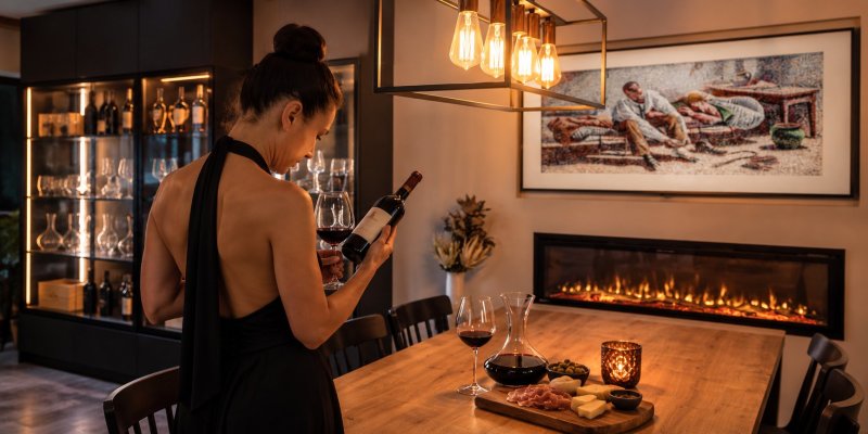 A wine cellar with a fireplace and a woman choosing wine.